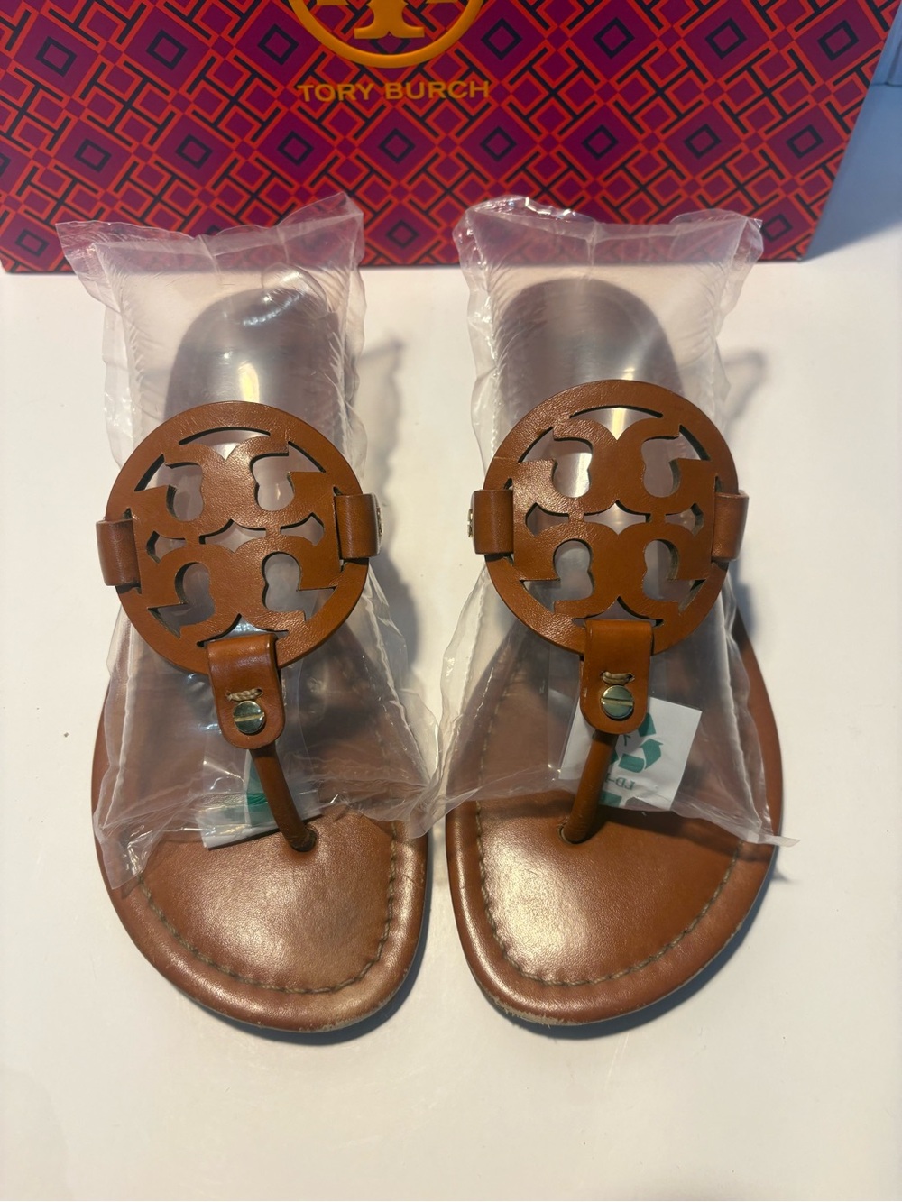 Tory Burch Brown Miller Logo Leather Thong Sandals